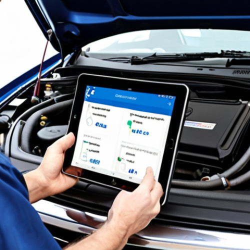Home 4 **Prompt:** Car maintenance diagnostic using GPT analysis, mechanic with tablet, engine visible, early detection of oil leak, focus on cost savings.