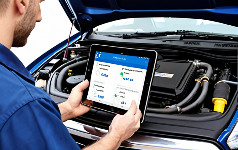 **Prompt:** Car maintenance diagnostic using GPT analysis, mechanic with tablet, engine visible, early detection of oil leak, focus on cost savings.