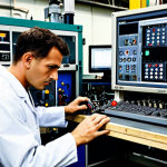 ** A technician working on complex machinery, surrounded by tools and manuals, with a determined expression. Emphasis on technical skills and problem-solving in a modern, automated factory setting.

**