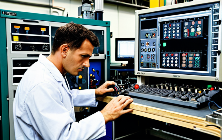 ** A technician working on complex machinery, surrounded by tools and manuals, with a determined expression. Emphasis on technical skills and problem-solving in a modern, automated factory setting.
**