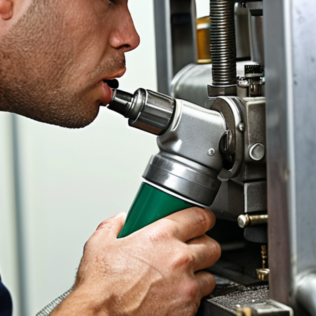 **

Close-up of a worker performing routine equipment maintenance. He's carefully lubricating a machine part with grease from a grease gun. Focus on the details: clean work environment, properly maintained equipment, and the worker demonstrating attention to detail. The scene should convey the importance of preventative maintenance and care for machinery.

**