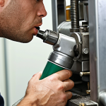 **

Close-up of a worker performing routine equipment maintenance. He's carefully lubricating a machine part with grease from a grease gun. Focus on the details: clean work environment, properly maintained equipment, and the worker demonstrating attention to detail. The scene should convey the importance of preventative maintenance and care for machinery.

**