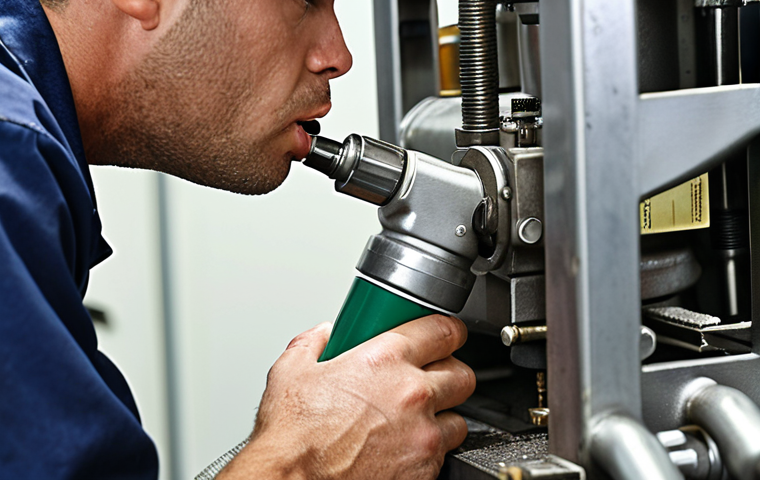 **
Close-up of a worker performing routine equipment maintenance. He's carefully lubricating a machine part with grease from a grease gun. Focus on the details: clean work environment, properly maintained equipment, and the worker demonstrating attention to detail. The scene should convey the importance of preventative maintenance and care for machinery.
**