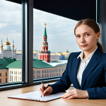 **

A professional woman in a business suit, fully clothed, sitting at a desk in a modern Moscow office. Large windows overlook a cityscape with recognizable Russian architecture. Safe for work, appropriate content, perfect anatomy, natural proportions, professional business portrait, high quality.

**