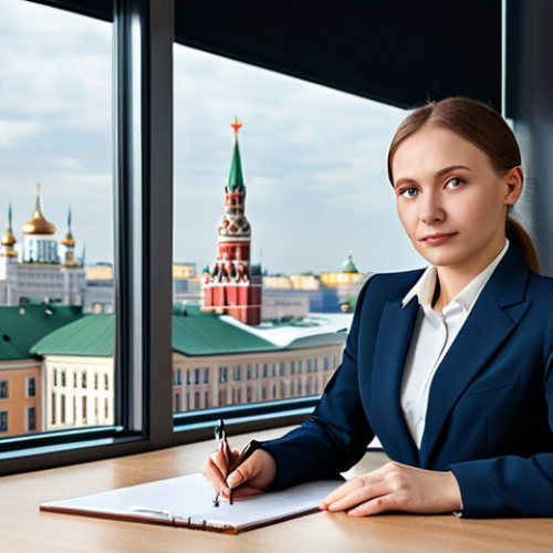 **

A professional woman in a business suit, fully clothed, sitting at a desk in a modern Moscow office. Large windows overlook a cityscape with recognizable Russian architecture. Safe for work, appropriate content, perfect anatomy, natural proportions, professional business portrait, high quality.

**