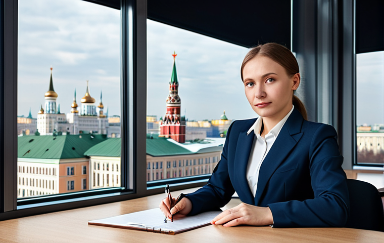 **
A professional woman in a business suit, fully clothed, sitting at a desk in a modern Moscow office. Large windows overlook a cityscape with recognizable Russian architecture. Safe for work, appropriate content, perfect anatomy, natural proportions, professional business portrait, high quality.
**